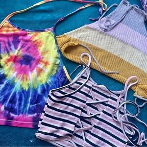 3 colorful crop top shirt bundle halter striped tie dye knit